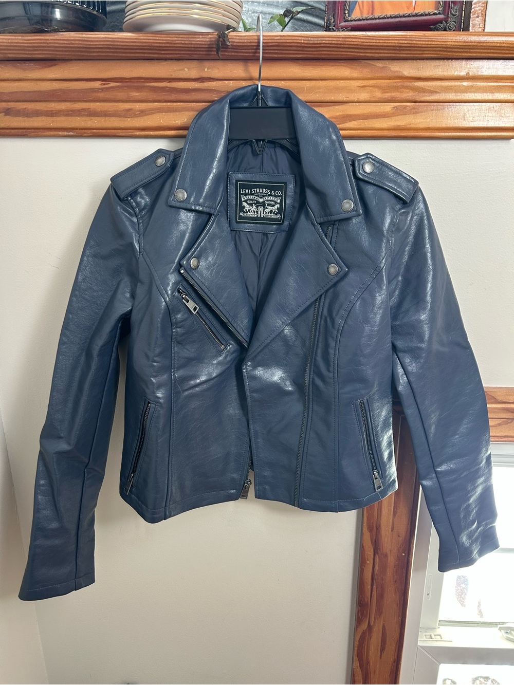 Levi's Navy Gray/Blue Faux Leather Moto Jacket with Biker Details